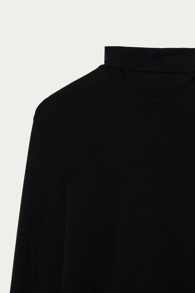 Black Long-Sleeve High-Neck Thermal Cotton Top, Black, large image number 5
