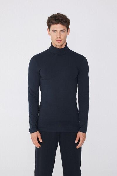 Navy Long-Sleeve High-Neck Thermal Cotton Top, Deep Blue, medium