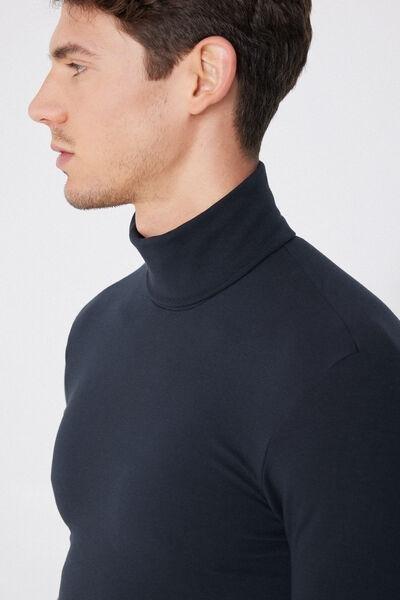Navy Long-Sleeve High-Neck Thermal Cotton Top, Deep Blue, large image number 2