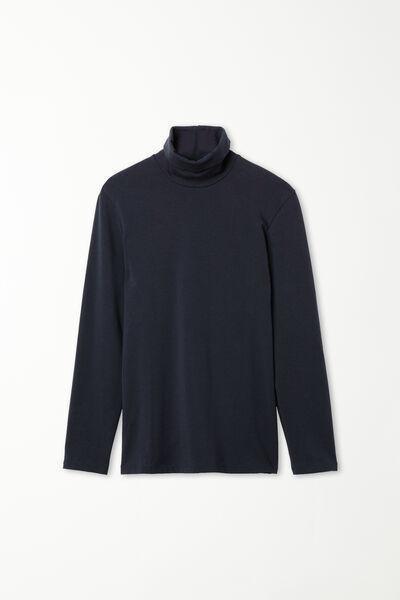 Navy Long-Sleeve High-Neck Thermal Cotton Top, Deep Blue, large image number 3