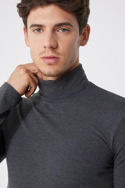 Grey Long-Sleeve High-Neck Thermal Cotton Top, Grey Blend, large image number 3