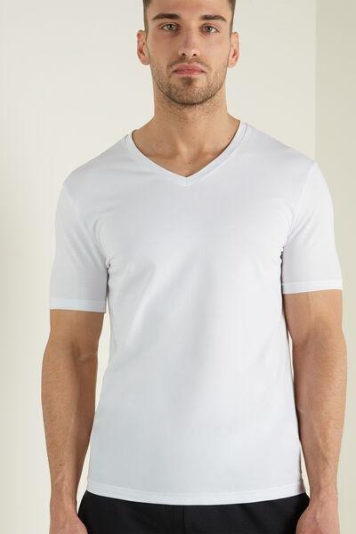 White V-Neck Stretch-Cotton T-Shirt, , large image number 0