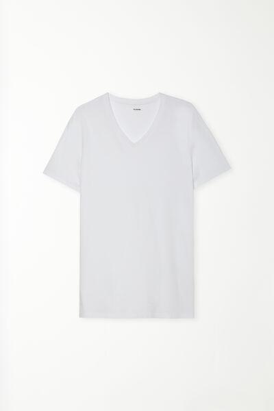 White V-Neck Stretch-Cotton T-Shirt, , large image number 4