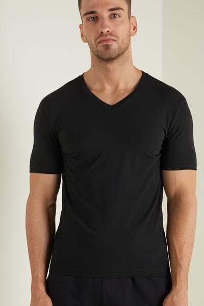 Black V-Neck Stretch-Cotton T-Shirt, , large image number 0