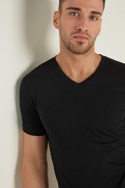Black V-Neck Stretch-Cotton T-Shirt, , large image number 1