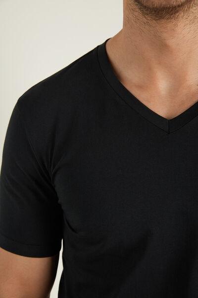 Black V-Neck Stretch-Cotton T-Shirt, , large image number 3