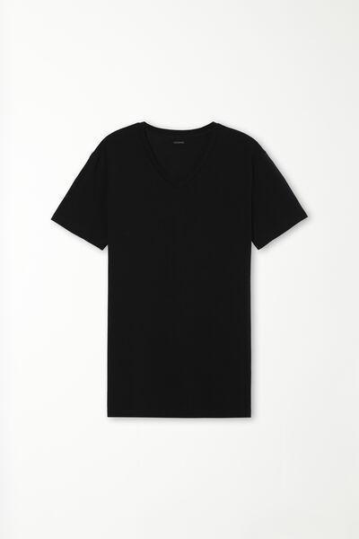 Black V-Neck Stretch-Cotton T-Shirt, , large image number 4