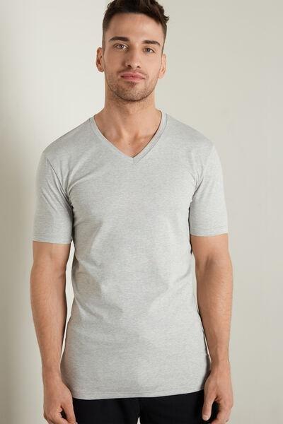 Grey V-Neck Stretch-Cotton T-Shirt, , large image number 0
