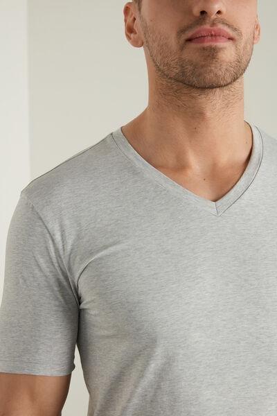 Grey V-Neck Stretch-Cotton T-Shirt, , large image number 3