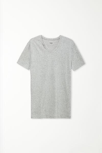 Grey V-Neck Stretch-Cotton T-Shirt, Light Grey Blend, large image number 4