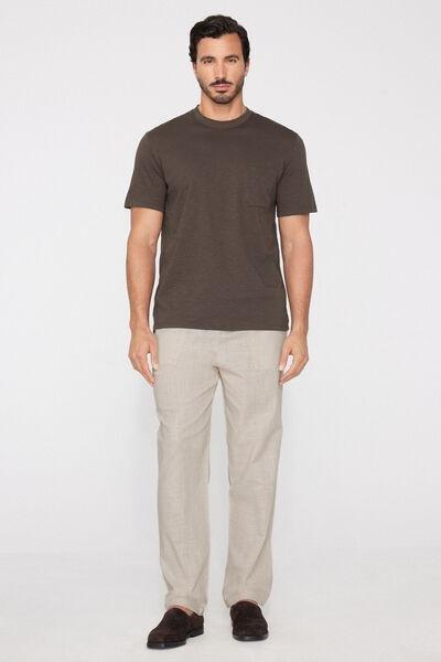 Brown Round Neck Slub Cotton T-Shirt, 5701_368Z, large image number 0
