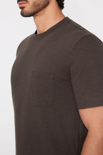 Brown Round Neck Slub Cotton T-Shirt, 5701_368Z, large image number 3