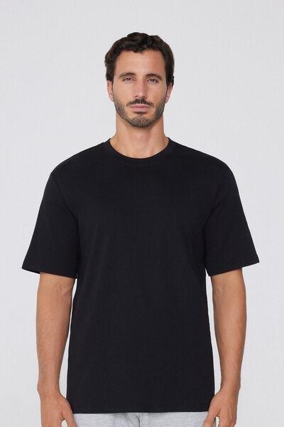 Black Short Sleeve Round Neck Cotton T-Shirt, Black, large image number 0