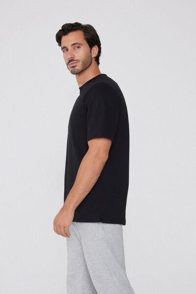 Black Short Sleeve Round Neck Cotton T-Shirt, Black, large image number 1