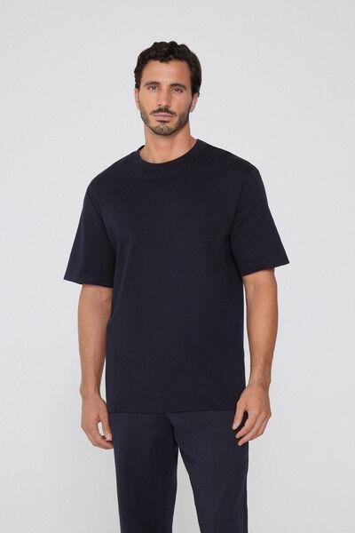 Navy Short Sleeve Round Neck Cotton T-Shirt, Deep Blue, large image number 1