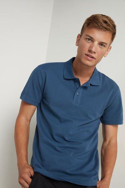 Blue Denim Cotton Pique Polo With Buttons, Men, 5701_9120, large image number 0