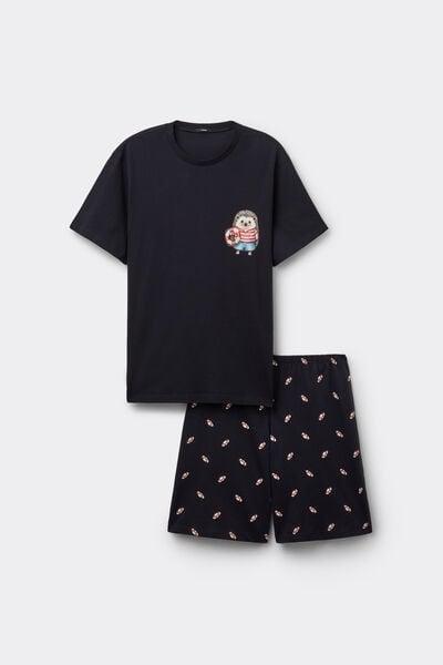 Navy Hedgehog Print Cotton Pyjama Set, 5701_384Z, large image number 3