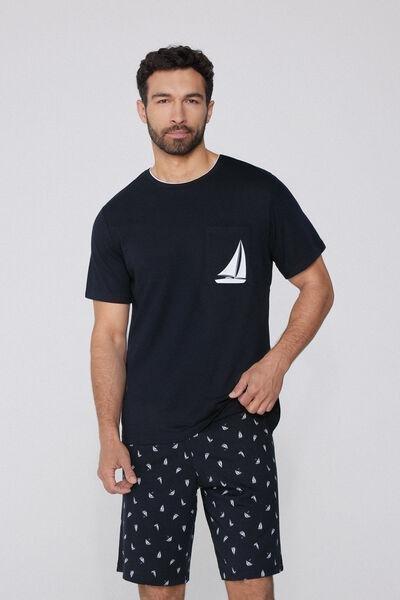 Navy Printed Pyjama Set, , medium
