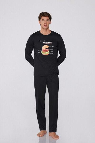 Black Burger Print Cotton Pyjama Set, 5701_046Z, large image number 0
