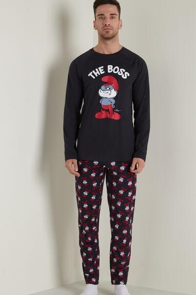 Blue Papa Smurf Print Long Cotton Pyjamas, , large image number 0