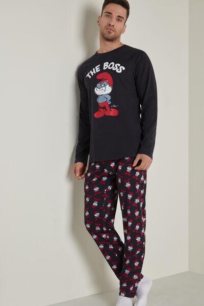 Blue Papa Smurf Print Long Cotton Pyjamas, , large image number 1
