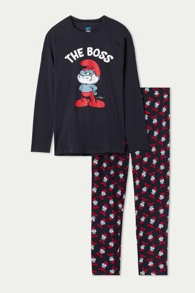 Blue Papa Smurf Print Long Cotton Pyjamas, , large image number 4