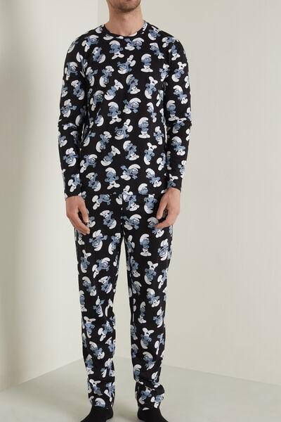 Black Long Cotton With All Over Smurfs Print Pyjamas, , large image number 0