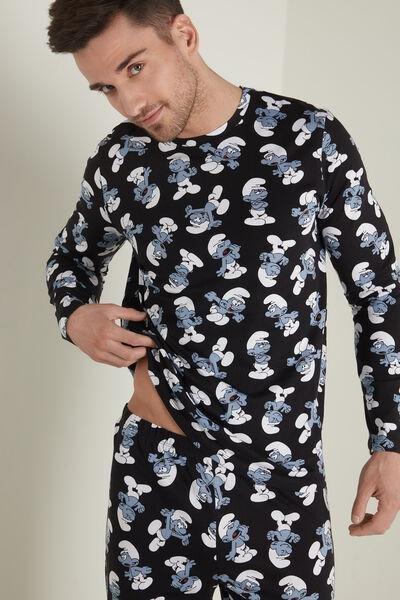 Black Long Cotton With All Over Smurfs Print Pyjamas, , large image number 1