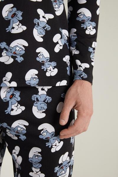 Black Long Cotton With All Over Smurfs Print Pyjamas, , large image number 3