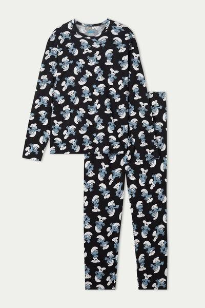 Black Long Cotton With All Over Smurfs Print Pyjamas, , large image number 4