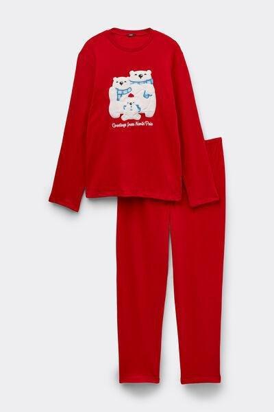 Red North Pole Patch Long Heavy Cotton Pyjama Set, 5701_975Y, large image number 0