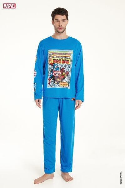 Blue Iron Man Allover Marvel Print Long Cotton Pyjamas, , large image number 0