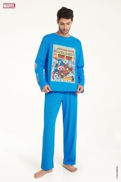Blue Iron Man Allover Marvel Print Long Cotton Pyjamas, , large image number 1