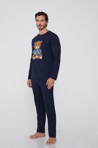 Navy Bear Print Long Cotton Pyjama Set, 5701_782Y, large image number 0