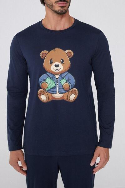 Navy Bear Print Long Cotton Pyjama Set, 5701_782Y, large image number 1