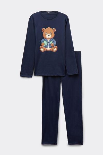 Navy Bear Print Long Cotton Pyjama Set, 5701_782Y, large image number 2