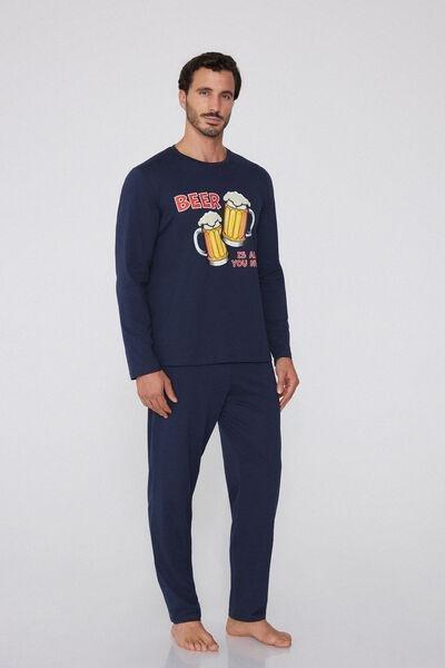 Navy Beer Print Long Cotton Pyjama Set, 5701_781Y, large image number 0