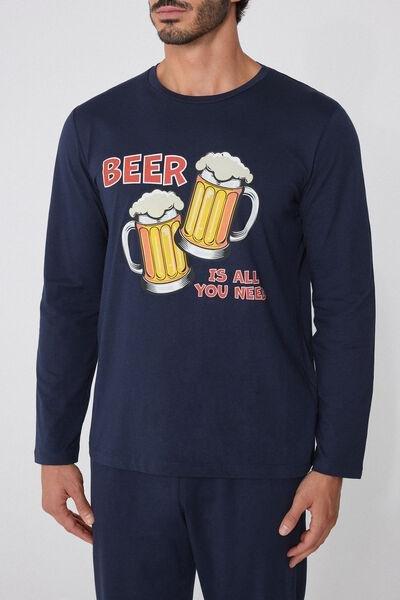 Navy Beer Print Long Cotton Pyjama Set, 5701_781Y, large image number 1
