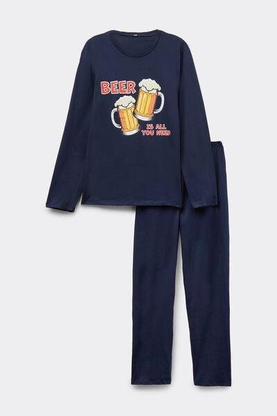 Navy Beer Print Long Cotton Pyjama Set, 5701_781Y, large image number 3