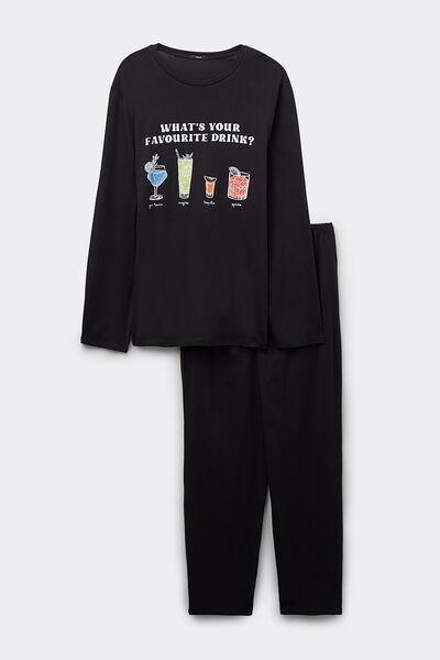 Black Drinks Print Long Cotton Pyjama Set, 5701_794Y, large image number 3
