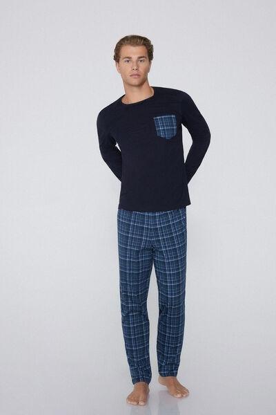 Navy Long Printed Cotton Pyjama Set, 5701_786Y, large image number 0