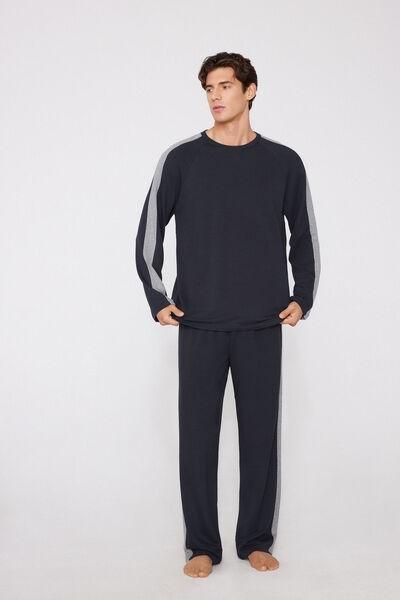 DEEP BLUE/ANTRACITE MEL. Long Viscose Pyjamas with Stripes, 5701_686Z, large image number 4