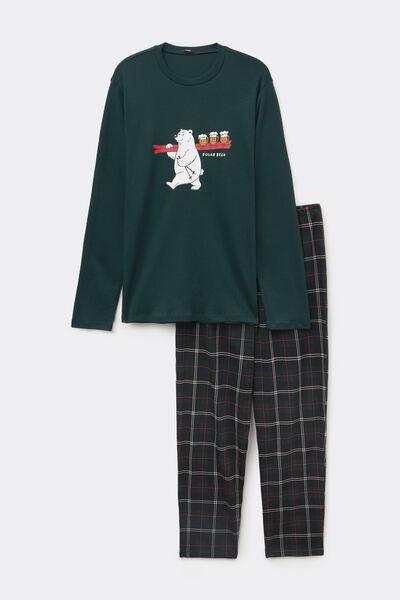 VERDE SCURO ST.POLAR BEER Long Heavy Cotton Pyjamas with Polar Bear Print, 5701_694Z, large image number 0