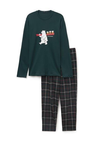 VERDE SCURO ST.POLAR BEER Long Heavy Cotton Pyjamas with Polar Bear Print, 5701_694Z, large image number 1