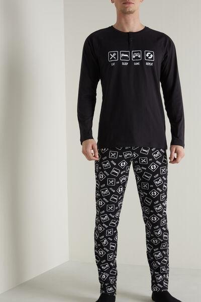 Black Symbol Print Long Cotton Grandad Pyjamas, , large image number 0