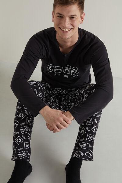 Black Symbol Print Long Cotton Grandad Pyjamas, , large image number 1