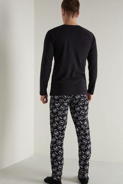 Black Symbol Print Long Cotton Grandad Pyjamas, , large image number 2
