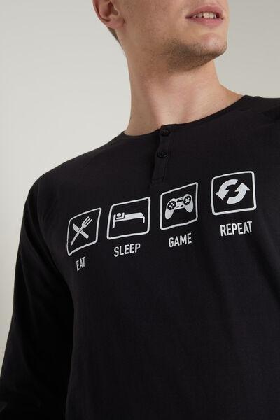 Black Symbol Print Long Cotton Grandad Pyjamas, , large image number 3