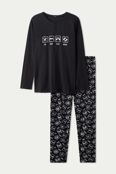 Black Symbol Print Long Cotton Grandad Pyjamas, , large image number 4