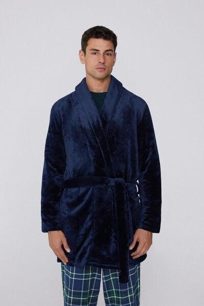 Navy Long Sleeve Fleece Robe, Absolute Blue, large image number 1